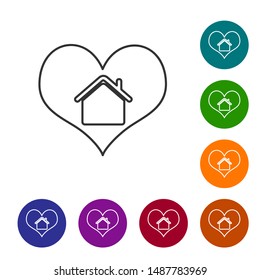 Grey line House with heart shape icon isolated on white background. Love home symbol. Family, real estate and realty. Set icons in color circle buttons. Vector Illustration