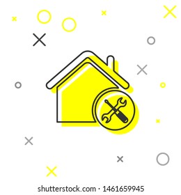 Grey line House or home with screwdriver and wrench icon isolated on white background. Adjusting, service, setting, maintenance, repair, fixing.  Vector Illustration