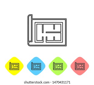 Grey line House plan icon isolated on white background. Set icons in color rhombus buttons. Vector Illustration