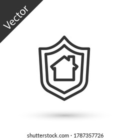 Grey line House with shield icon isolated on white background. Insurance concept. Security, safety, protection, protect concept. Vector.