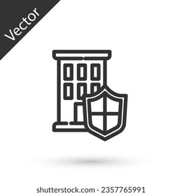 Casa de línea gris con icono de escudo aislado en fondo blanco. Concepto de seguro. Seguridad, seguridad, protección, concepto de protección.  Vector