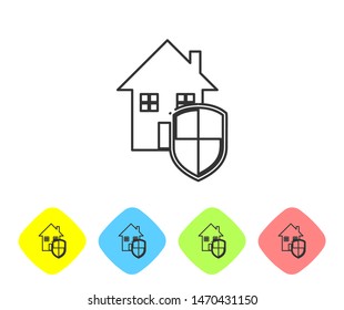 Grey line House under protection icon isolated on white background. Home and shield. Protection, safety, security, protect, defense concept. Set icons in color rhombus buttons. Vector Illustration