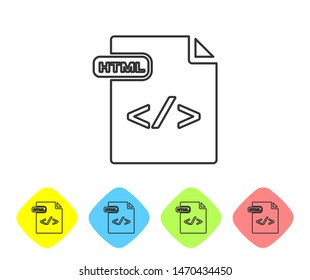 Grey line HTML file document. Download html button icon isolated on white background. HTML file symbol. Markup language symbol. Set icons in color rhombus buttons. Vector Illustration