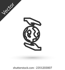 Grey line Human hands holding Earth globe icon isolated on white background. Save earth concept.  Vector Illustration