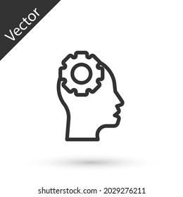 Grey line Human head with gear inside icon isolated on white background. Artificial intelligence. Thinking brain. Symbol work of brain.  Vector
