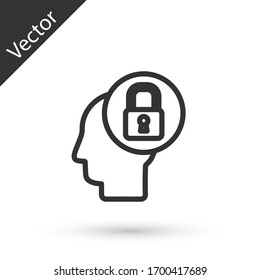 Grey line Human head with lock icon isolated on white background. Vector Illustration
