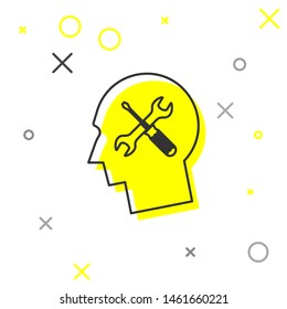 Grey line Human head with with screwdriver and wrench icon isolated on white background. Artificial intelligence. Symbol work of brain.  Vector Illustration