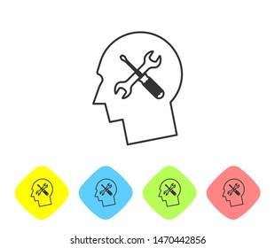 Grey line Human head with with screwdriver and wrench icon isolated on white background. Artificial intelligence. Symbol work of brain. Set icon in color rhombus buttons. Vector Illustration