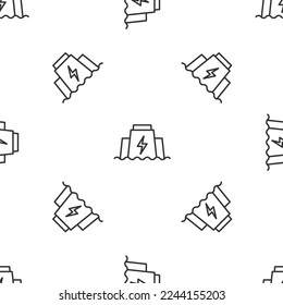 Grey line Hydroelectric dam icon isolated seamless pattern on white background. Water energy plant. Hydropower. Hydroelectricity.  Vector