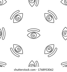 Grey line Hypnosis icon isolated seamless pattern on white background. Human eye with spiral hypnotic iris. Vector