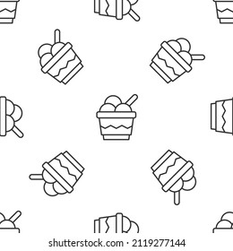 Grey line Ice cream in the bowl icon isolated seamless pattern on white background. Sweet symbol.  Vector