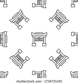 Grey line Japan Gate icon isolated seamless pattern on white background. Torii gate sign. Japanese traditional classic gate symbol. Vector Illustration