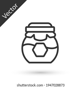 Grey line Jar of honey icon isolated on white background. Food bank. Sweet natural food symbol. Vector