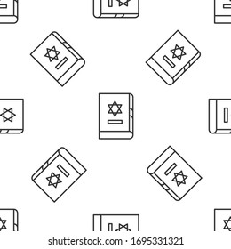 Grey line Jewish torah book icon isolated seamless pattern on white background. On the cover of the Bible is the image of the Star of David. Vector Illustration