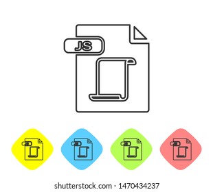 Grey line JS file document. Download js button icon isolated on white background. JS file symbol. Set icons in color rhombus buttons. Vector Illustration