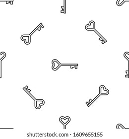 Grey line Key in heart shape icon isolated seamless pattern on white background. Valentines day symbol.  Vector Illustration