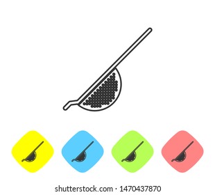 Grey line Kitchen colander icon isolated on white background. Cooking utensil. Cutlery sign. Set icon in color rhombus buttons. Vector Illustration