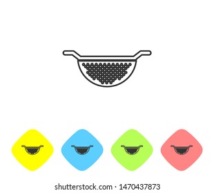 Grey line Kitchen colander icon isolated on white background. Cooking utensil. Cutlery sign. Set icon in color rhombus buttons. Vector Illustration