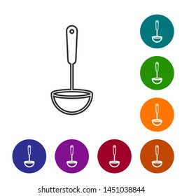 Grey line Kitchen ladle icon isolated on white background. Cooking utensil. Cutlery spoon sign. Set icon in color circle buttons. Vector Illustration