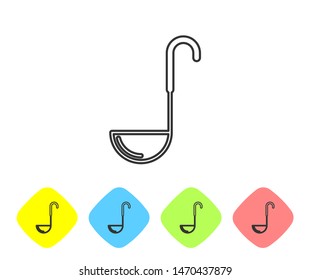 Grey line Kitchen ladle icon isolated on white background. Cooking utensil. Cutlery spoon sign. Set icon in color rhombus buttons. Vector Illustration