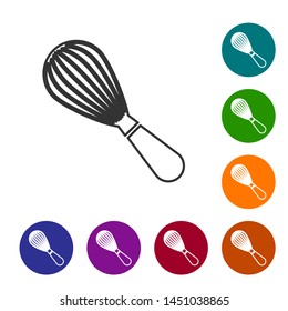 Grey line Kitchen whisk icon isolated on white background. Cooking utensil, egg beater. Cutlery sign. Food mix symbol. Set icon in color circle buttons. Vector Illustration
