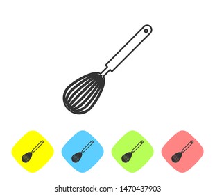 Grey line Kitchen whisk icon isolated on white background. Cooking utensil, egg beater. Cutlery sign. Food mix symbol. Set icon in color rhombus buttons. Vector Illustration