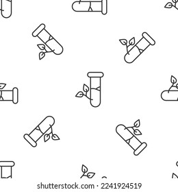 Grey line Laboratory glass and leaves icon isolated seamless pattern on white background. Chemical test tube with leaf. Eco Lab.  Vector