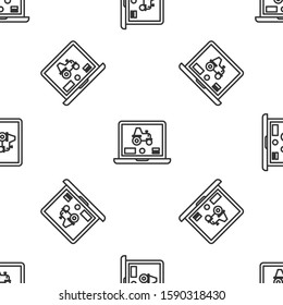 Grey line Laptop application for control a autonomous tractor on a smart farm icon isolated seamless pattern on white background. Smart agriculture implement.  Vector Illustration