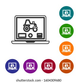 Grey line Laptop application for control a autonomous tractor on a smart farm icon isolated on white background. Smart agriculture implement. Set icons in color circle buttons. Vector Illustration