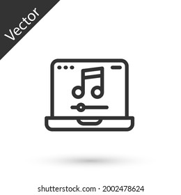 Grey line Laptop with music note symbol on screen icon isolated on white background.  Vector