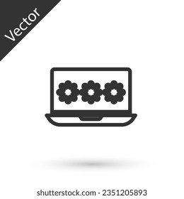 Grey line Laptop with password notification icon isolated on white background. Security, personal access, user authorization, login form.  Vector Illustration