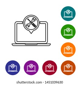 Grey line Laptop with screwdriver and wrench icon isolated on white background. Adjusting, service, setting, maintenance, repair, fixing. Set icon in color circle buttons. Vector Illustration