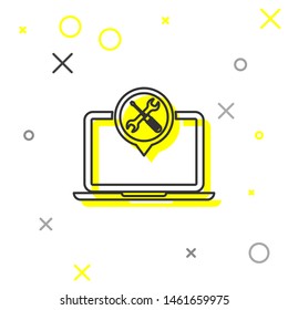 Grey line Laptop with screwdriver and wrench icon isolated on white background. Adjusting, service, setting, maintenance, repair, fixing.  Vector Illustration