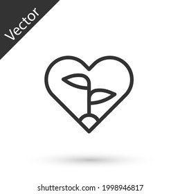 Hoja gris en el corazón del icono de protección ambiental aislado en fondo blanco. Semillas y plántulas. Plantando repostería. Concepto de ecología.  Vector