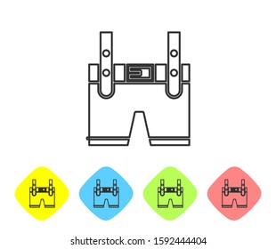 Grey line Lederhosen icon isolated on white background. Traditional bavarian clothing. Oktoberfest outfit. Pants with suspenders. Patrick day. Set icons in color rhombus buttons. Vector Illustration