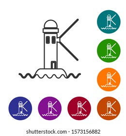 Grey line Lighthouse icon isolated on white background. Set icons in color circle buttons. Vector Illustration