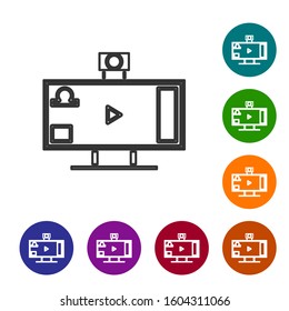 Grey line Live streaming online videogame play icon isolated on white background. Set icons in color circle buttons. Vector Illustration