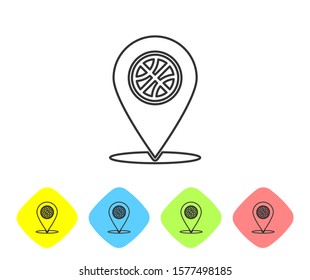 Grey line Location with basketball ball inside icon isolated on white background. Set icons in color rhombus buttons. Vector Illustration