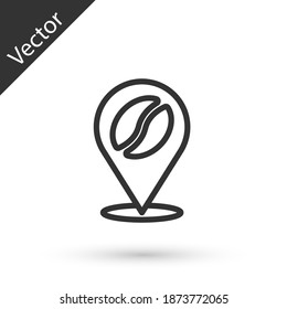 Grey line Location with coffee bean icon isolated on white background.  Vector