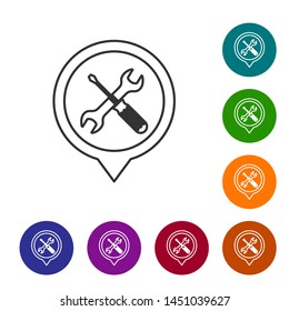 Grey line Location with crossed screwdriver and wrench tools icon isolated on white background. Pointer settings symbol. Set icon in color circle buttons. Vector Illustration