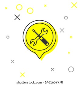 Grey line Location with crossed screwdriver and wrench tools icon isolated on white background. Pointer settings symbol.  Vector Illustration