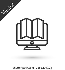 Grey line Location of the forest on a map in monitor icon isolated on white background.  Vector Illustration
