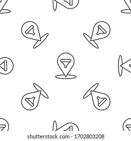 Grey line Location with sales funnel icon isolated seamless pattern on white background. Infographic template. Vector Illustration