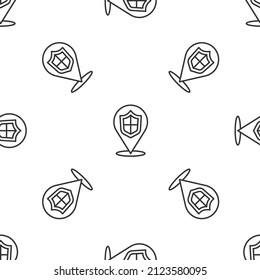 Grey line Location shield icon isolated seamless pattern on white background. Insurance concept. Guard sign. Security, safety, protection, privacy concept.  Vector