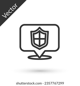 Icono de protección de ubicación de línea gris aislado en fondo blanco. Concepto de seguro. Signo de guardia. Seguridad, seguridad, protección, concepto de privacidad.  Vector