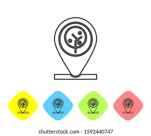 Grey line Location and tree icon isolated on white background. Set icons in color rhombus buttons. Vector Illustration