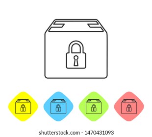 Grey line Locked package icon isolated on white background. Lock and cardboard box. Set icons in color rhombus buttons. Vector Illustration