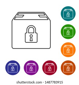 Grey line Locked package icon isolated on white background. Lock and cardboard box. Set icons in color circle buttons. Vector Illustration