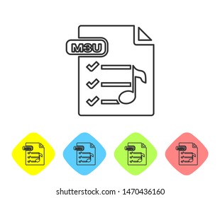 Grey line M3U file document. Download m3u button icon isolated on white background. M3U file symbol. Set icons in color rhombus buttons. Vector Illustration