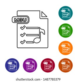Grey line M3U file document. Download m3u button icon isolated on white background. M3U file symbol. Set icons in color circle buttons. Vector Illustration